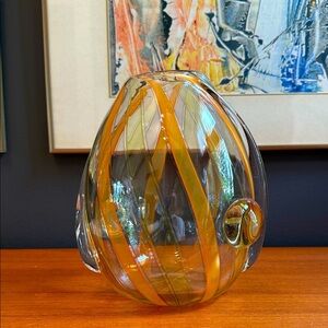 Hand blown beautifully, executed, signed, glass, art, glass bar, green orange